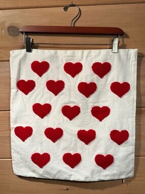 White Cotton and Canvas Decorative Pillowcases with Red Heart Motif- NWOT
